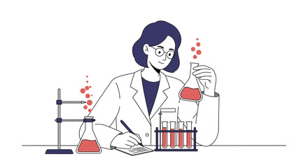 Dedicated female scientist conducting laboratory research with flasks, test tubes, and notes, creating vibrant scientific illustrations