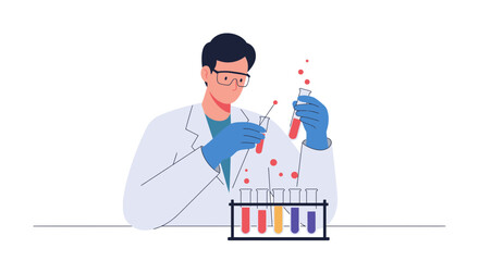 Scientist conducting experiment with test tubes, analyzing colorful liquid in a modern laboratory setting, focused on medical research