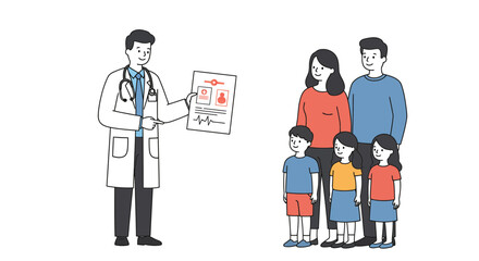 Doctor discussing medical results with happy family, promoting health, wellness, and preventative care in a modern illustration
