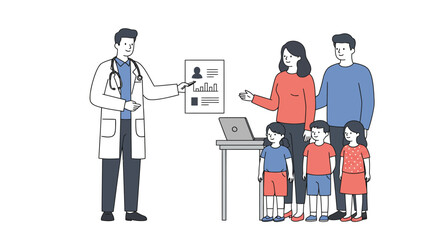 Doctor explaining medical results to a family, discussing health, family planning, children's well-being, and future care in a modern setting