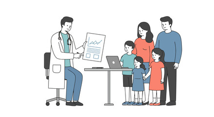 Doctor explaining medical results to family with children, providing health care advice and support in modern clinic setting