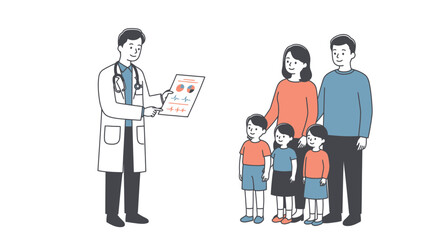 Caring doctor explaining health report to happy family, promoting trust and well-being in modern healthcare, designed to evoke comfort and confidence