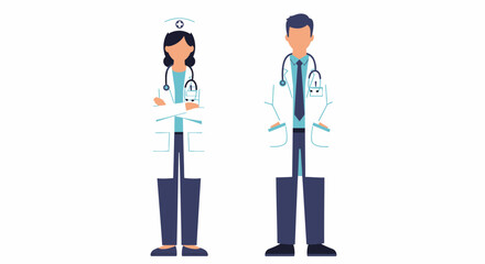 Confident medical professionals, a doctor and nurse, standing ready to serve with stethoscopes, embodying healthcare expertise and compassionate care in a modern visual style.