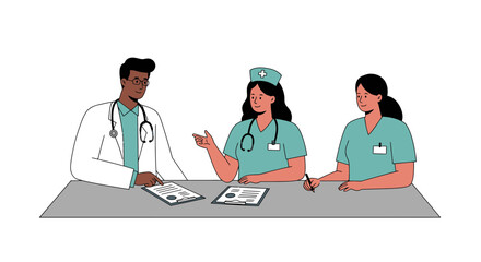 Diverse medical team collaborating efficiently in a modern healthcare setting, discussing patient charts and care plans with professionalism and teamwork.