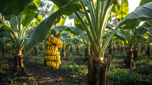 Banana Bunches on Banana Tree in Sunlit Plantation