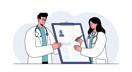 Professional doctors collaborating on patient chart, discussing medical history and treatment plans in a modern clinic setting