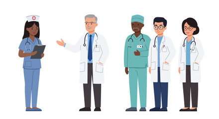 Diverse team of medical professionals including doctors and nurses collaborating for patient care and healthcare innovation