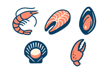 Assortment of fresh seafood items including shrimp, salmon steak, mussel, scallop, and crab claw for culinary design