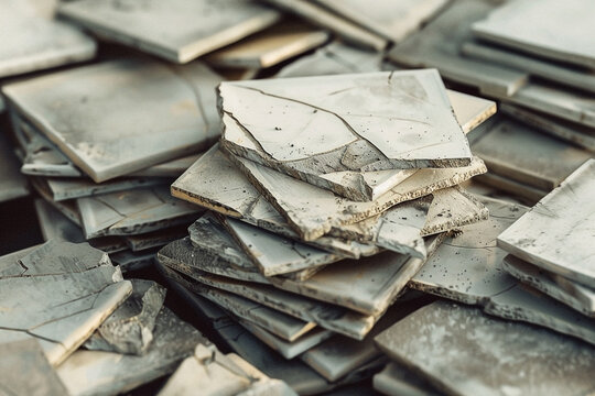 Stack of broken ceramic tiles showing damage and imperfections in building materials