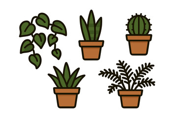 Stylized collection of diverse potted houseplants with trailing vine, cactus, and succulents for modern interior design