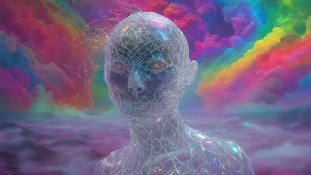 Abstract Human Figure Amidst a Colorful Psychedelic Dreamscape.