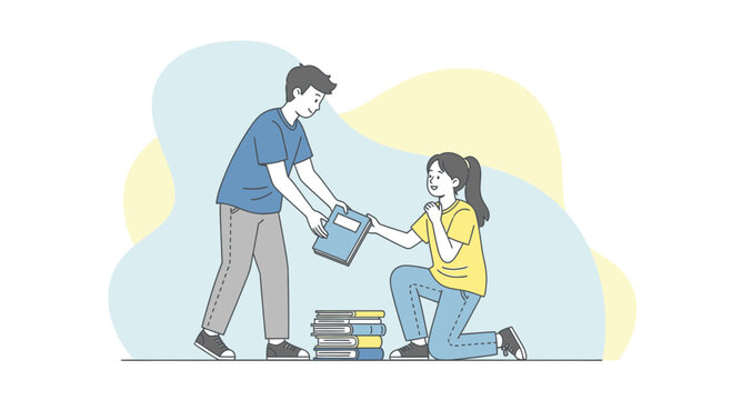 Book Exchange of Encouragement Between Two Animated Characters on a White Background