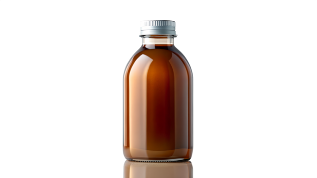 A small amber glass bottle with a silver cap, isolated on transparent background, containing a brown liquid, suitable for product shots