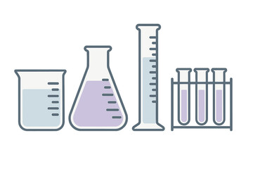 Scientific laboratory glassware set with beaker Erlenmeyer flask graduated cylinder and test tubes for chemical experiments research