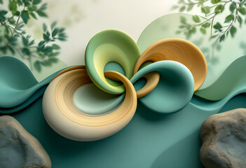 Abstract organic 3D artwork with swirling teal green and golden yellow shapes resembling petals or shells surrounded by soft natural elements and leaves creating a harmonious flowing composition