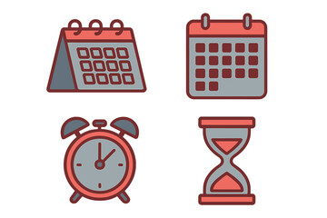 Naklejka premium Collection of essential time management and scheduling icons featuring calendars, alarm clock, and hourglass