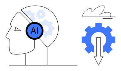 Human profile featuring AI badge with gears inside, cloud graphic, and gear with downward arrow. Ideal for automation, innovation, machine learning, decision-making, AI technology, future concepts