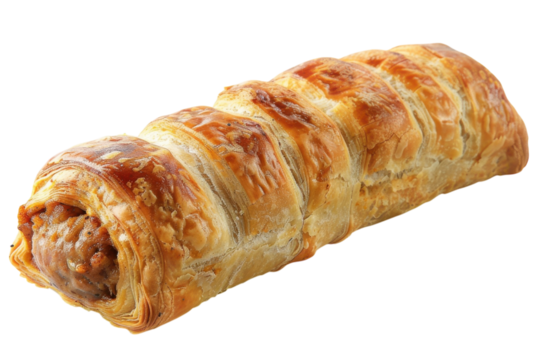 Delectable pastry roll filled with savory meat, freshly baked to golden perfection in a cozy kitchen setting isolated on transparent background