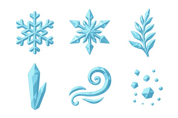 Fototapeta premium Stylized blue ice and snow elements featuring intricate snowflakes, sharp crystals, and dynamic icy wind symbols