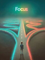 Business focus strategy metaphor - Business decision-making metaphor - Abstract digital decision making concept - Man Standing at Forked Path with Neon Lights and 'Focus' Sign for business innovation 