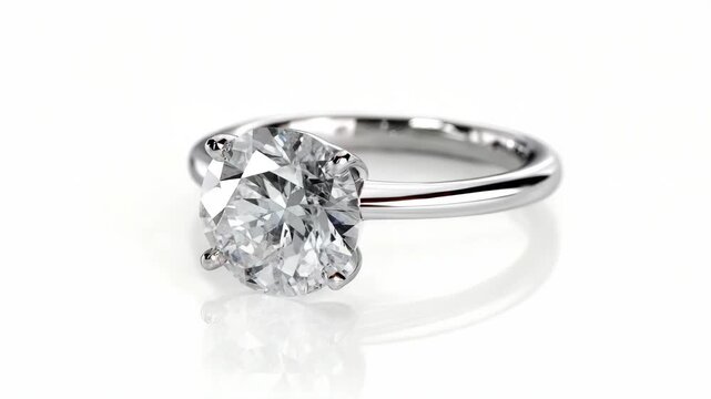Elegant diamond engagement ring with round cut stone in minimalist style on a clean white background, symbolizing luxury and commitment