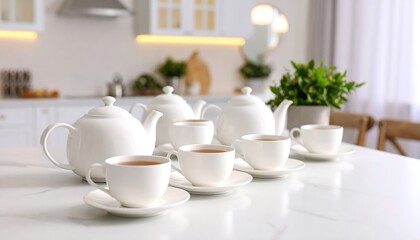 White tea set on marble countertop