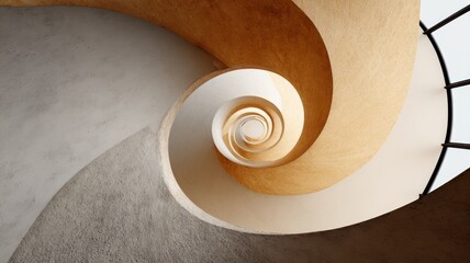 from the bottom of a spiral staircase looking up, mesmerizing helix, soft window light