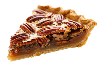 Delicious pecan pie slice glistening with caramel on a bright white plate, perfect for holiday gatherings or dessert lovers isolated on transparent background