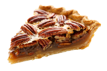 Delicious pecan pie slice glistening with caramel on a bright white plate, perfect for holiday gatherings or dessert lovers isolated on transparent background