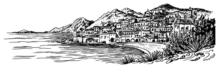 Mediterranean Coastal Town Landscape Hand Drawn Vector
