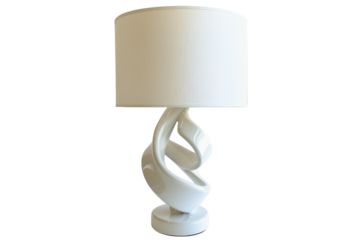 A creative white lamp with an artistic swirl base illuminating a cozy living room space during a quiet evening isolated on transparent background
