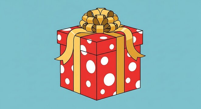 Festive red gift box with white polka dots and a large golden bow on a blue background.
