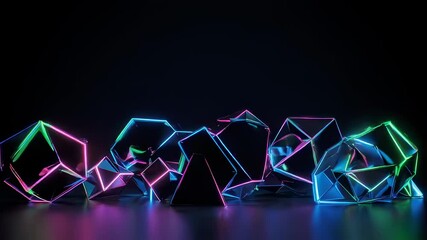 Illuminated geometric forms with neon edges on a reflective surface, dark background - Powered by Adobe