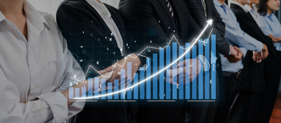 A diverse professional team stands confidently, displaying unity and collaboration, with an overlaid graph symbolizing growth and success in the business world. Axiom