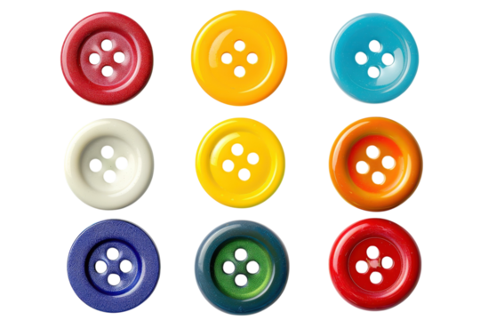 Colorful collection of vintage buttons arranged in a playful pattern on a bright, clean background isolated on transparent background