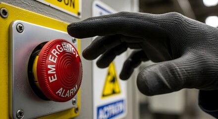 A gloved hand presses a large red emergency alarm button on a yellow industrial control panel.
