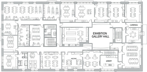 Vector art of architectural floor plan drawing of a commercial building with gallery hall and office spaces