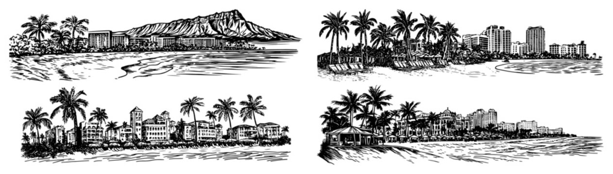 Honolulu Waikiki and Diamond Head Engraved Vector