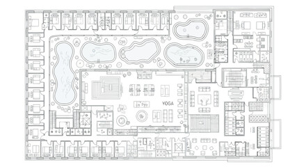 Vector art of topdown architectural plan of a building with indoor swimming pools and office spaces