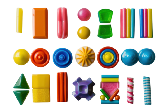 A vibrant display of colorful plastic shapes arranged artistically on a clean white surface, showcasing creativity and playfulness isolated on transparent background