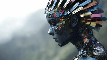 Robotic humanoid head with colorful mosaic-like surface, cyberpunk style, side profile on soft natural background, concept of human-machine fusion - Powered by Adobe