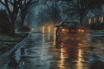 Glossy pavement glistens under dim light as a moving car appears blurred in the rainy atmosphere.