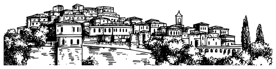 Obraz premium Italian Hilltop Town Panorama Line Art Vector