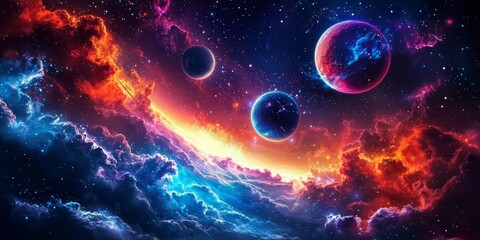 Experience the beauty of planets and nebulae in a stunning cosmic landscape.