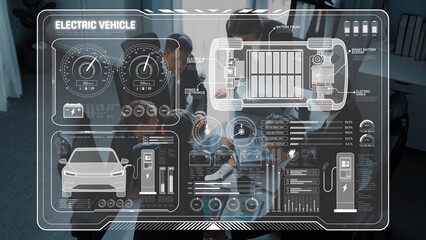 Electric Vehicle Technology and Battery Management System Infographic, Data and Information Display for Modern Automotive Solutions. Raster.