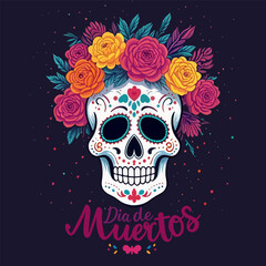 Dead day dia de muertos skull flowers, vector art illustration.