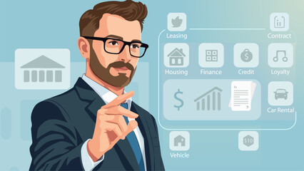 Businessman digital interface leasing, vector art illustration.