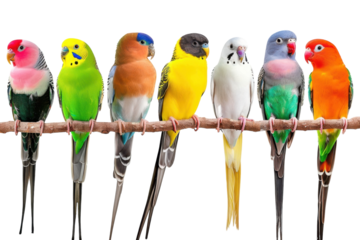 Colorful parrots perched gracefully on a branch, showcasing vibrant feathers in a playful display of nature's artistry isolated on transparent background