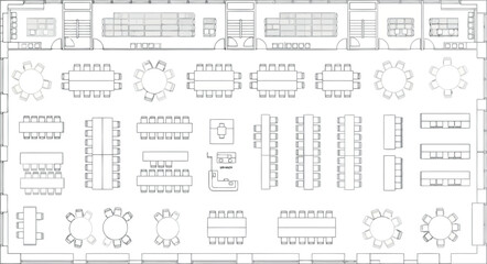 Vector art of detailed floor plan of a large commercial space with seating, tables, and shelving © SampaRani