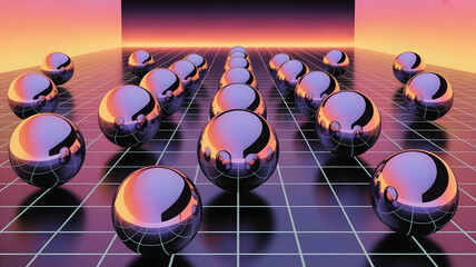 A retro-futuristic scene featuring rows of reflective chrome spheres arranged on a grid, with a gradient sunset background.
